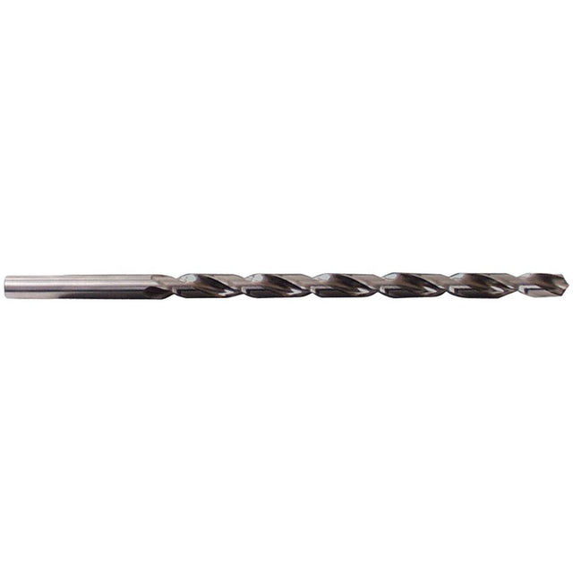 1/4 inch by 18 inch long high-speed steel drill bit designed for general purpose drilling in iron and steel materials