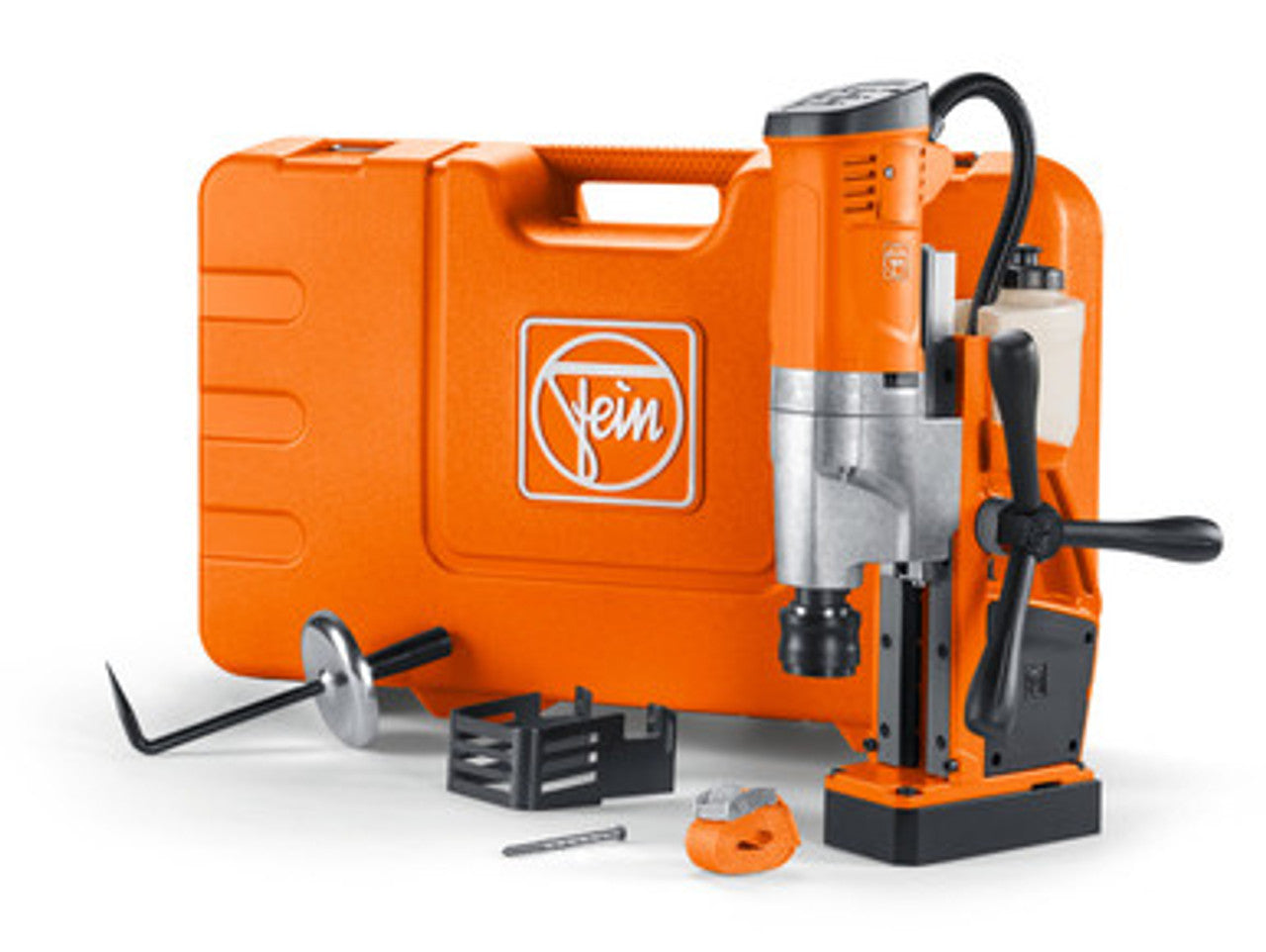 Compact universal magnetic drill with handle, speed control, accessories, and orange carrying case for metal drilling tasks