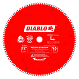 12" Diablo circular saw blade with 96 teeth, designed for medium aluminum cutting and slide miter saws