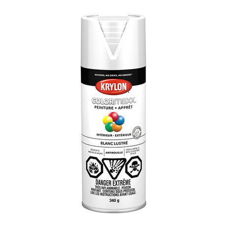 340g Krylon ColorMaxx white glossy spray paint with primer, rust-resistant, fade-resistant, no-drip formula for metal surfaces