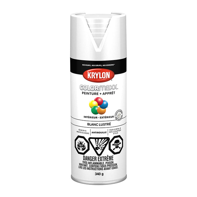 340g Krylon ColorMaxx white glossy spray paint with primer, rust-resistant, fade-resistant, no-drip formula for metal surfaces