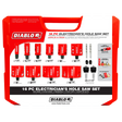 16-piece Diablo electrician’s hole saw set with bimetal cups, Snap-Lock mandrels, pilot bits, and adapter nuts in red case