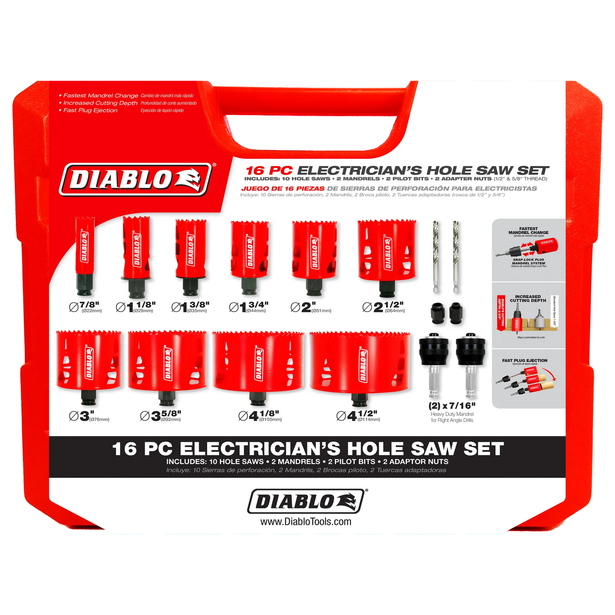 16-piece Diablo electrician’s hole saw set with bimetal cups, Snap-Lock mandrels, pilot bits, and adapter nuts in red case