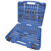 180-piece socket and wrench set with multi-drive ratchets, extensions, hex keys, and assorted bits in blue carrying case
