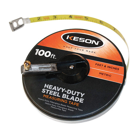 100ft heavy-duty steel blade measuring tape with dual feet/inches and metric markings in durable metal case