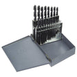 21-piece short drill bit set in black oxide finish with metal index, high-speed steel for general use on various materials