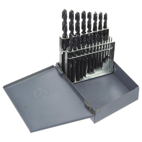 21-piece short drill bit set in black oxide finish with metal index, high-speed steel for general use on various materials