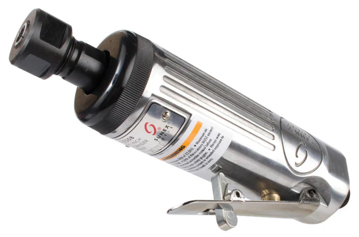 1/4 inch air-powered die grinder with rear exhaust, integrated regulator, and safety throttle lock in polished metal body