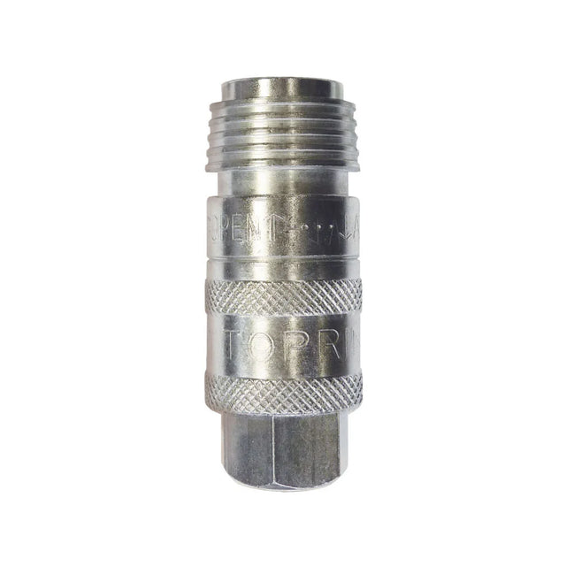 Unisafe 1/4 inch female NPT air pressure release fitting with independent valve sleeve to reduce whip risks.