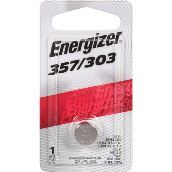 Energizer 357/303 silver oxide 1.55V button cell battery in sealed retail packaging for precision devices