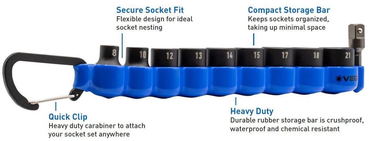 ENSEMBLE DE DOUILLES 3/8'' METRIQUE AVEC MOUSQUETON 10 PIÈCES VEGA 216M10CB