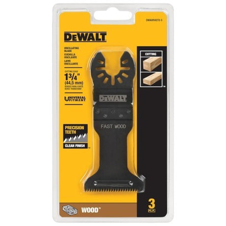 3-piece DEWALT 1-3/4 inch oscillating blades with universal fit, precision teeth, and clean cut for hardwoods