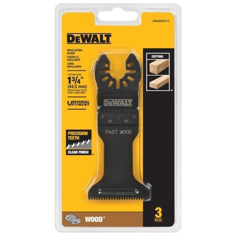 3-piece DEWALT 1-3/4 inch oscillating blades with universal fit, precision teeth, and clean cut for hardwoods