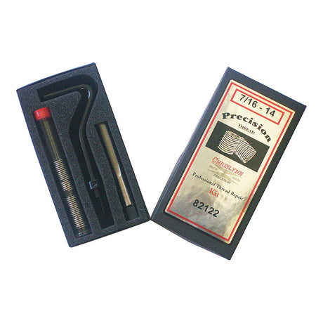 Thread repair kit with threaded insert coil, tap, installation tool, and labeled black storage case