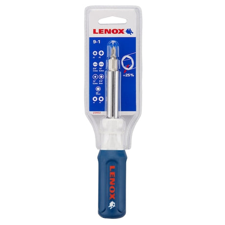 Lenox 9-in-1 all-in-one screwdriver with ergonomic non-slip handle and three double bits stored inside the shaft