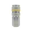Silver quick-release coupling with 1/4-inch female NPT thread, knurled grip, corrosion-resistant finish, and secure locking ring