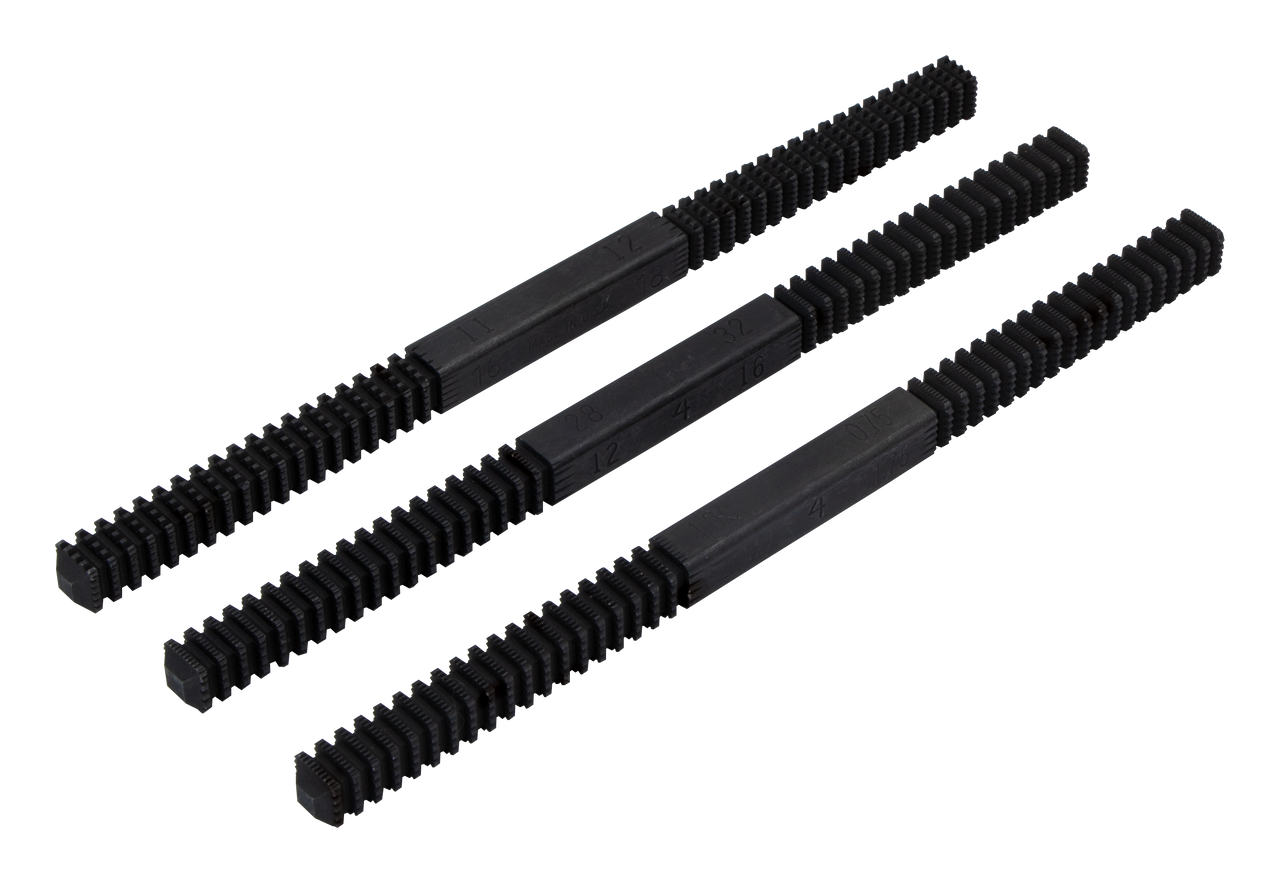 3-piece thread file set with black steel construction for restoring damaged external threads on various diameters