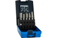 Set of 5 carbide burrs in black and blue case, designed for high material removal on stainless steel applications