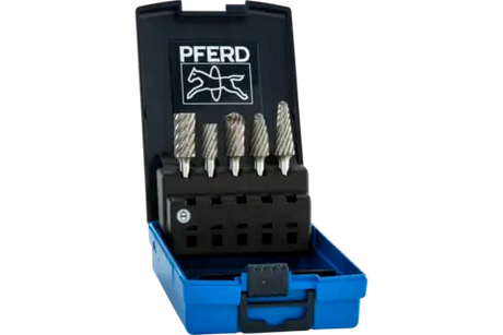 Set of 5 carbide burrs in black and blue case, designed for high material removal on stainless steel applications