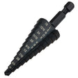 Black VARI-BIT step drill bit with hex shank, featuring dual flute design for clean, fast holes from 3/16 to 7/8 inch sizes