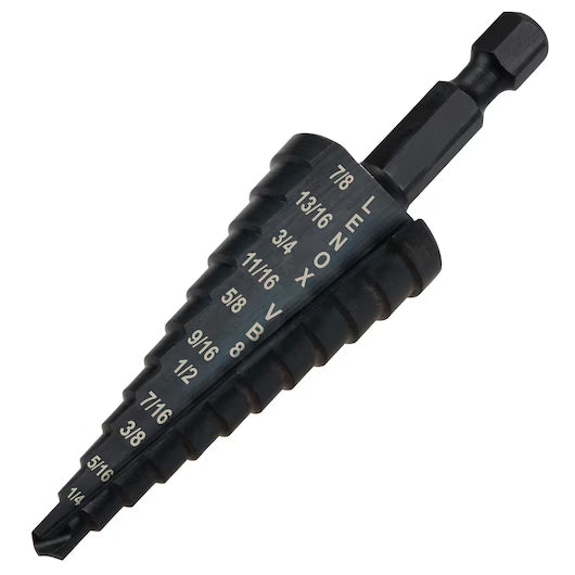 Black VARI-BIT step drill bit with hex shank, featuring dual flute design for clean, fast holes from 3/16 to 7/8 inch sizes