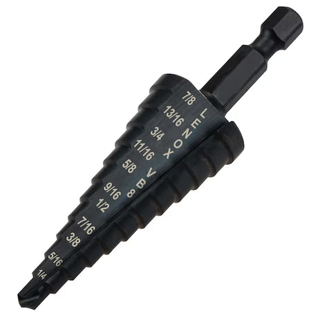 Black VARI-BIT step drill bit with hex shank, featuring dual flute design for clean, fast holes from 3/16 to 7/8 inch sizes