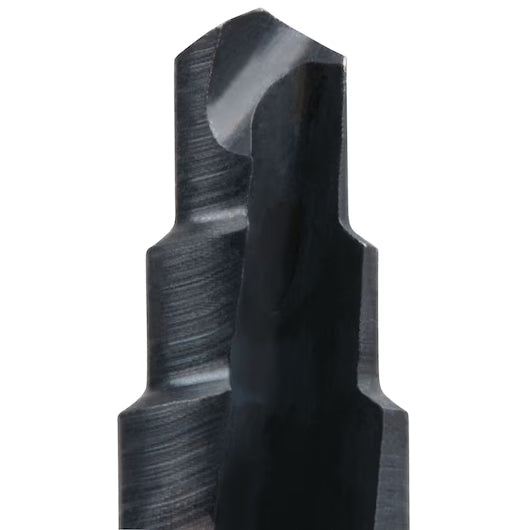 Close-up of VARI-BIT 3/16 - 7/8 VB8 step drill bit with patented two-flute design for clean, fast holes