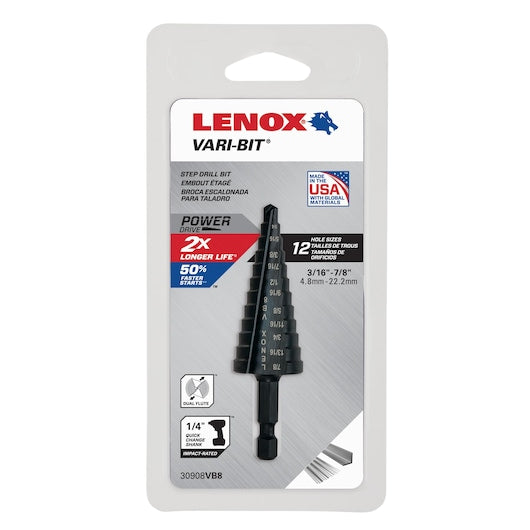 Lenox VARI-BIT step drill bit 3/16 to 7/8 inch with 12 hole sizes and impact-ready shank
