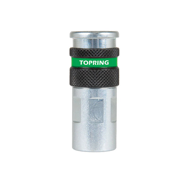 Compact quick-release Ultraflo pneumatic tool fitting with 3/8 inch female NPT and green Topring locking ring