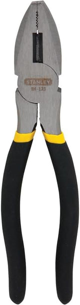 8-inch Stanley 84-113 linesman pliers with hardened cutting edges, serrated jaws, and ergonomic black and yellow handles