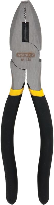 8-inch Stanley 84-113 linesman pliers with hardened cutting edges, serrated jaws, and ergonomic black and yellow handles