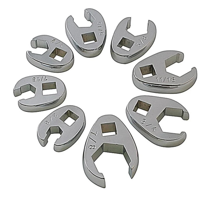 Set of 8 SAE crowfoot wrenches with 3/8" drive, forged alloy steel, polished finish, and storage rail mounting