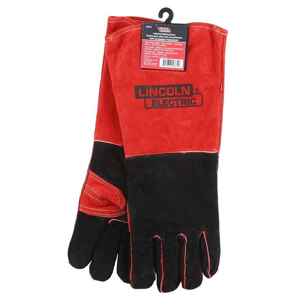 Red and black split cowhide welding gloves with Kevlar stitching and fleece lining for enhanced durability and comfort