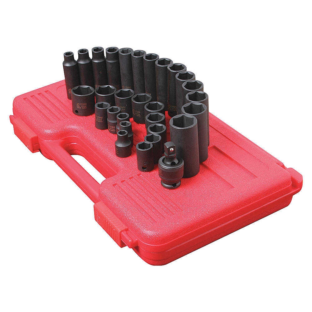 25-piece 3/8" drive SAE 12-point impact socket set with standard and deep CR-MO alloy steel sockets in red case