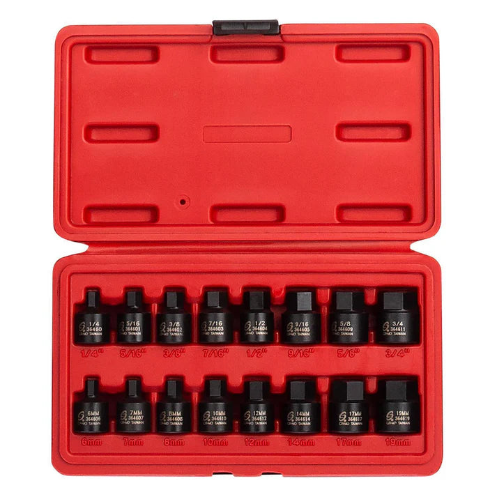 16-piece 3/8" drive hex impact socket set with SAE and metric sizes in compact red plastic carrying case