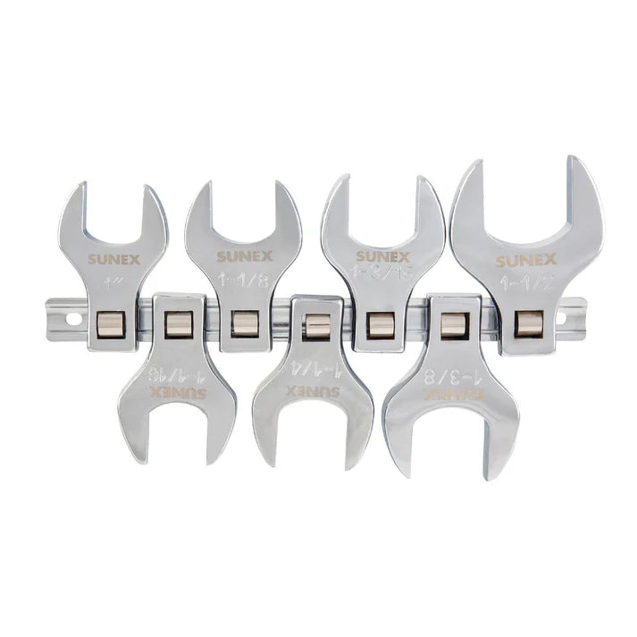 Set of 7 polished jumbo SAE crowfoot wrenches with 1/2" drive, sizes stamped for easy identification and tight space access
