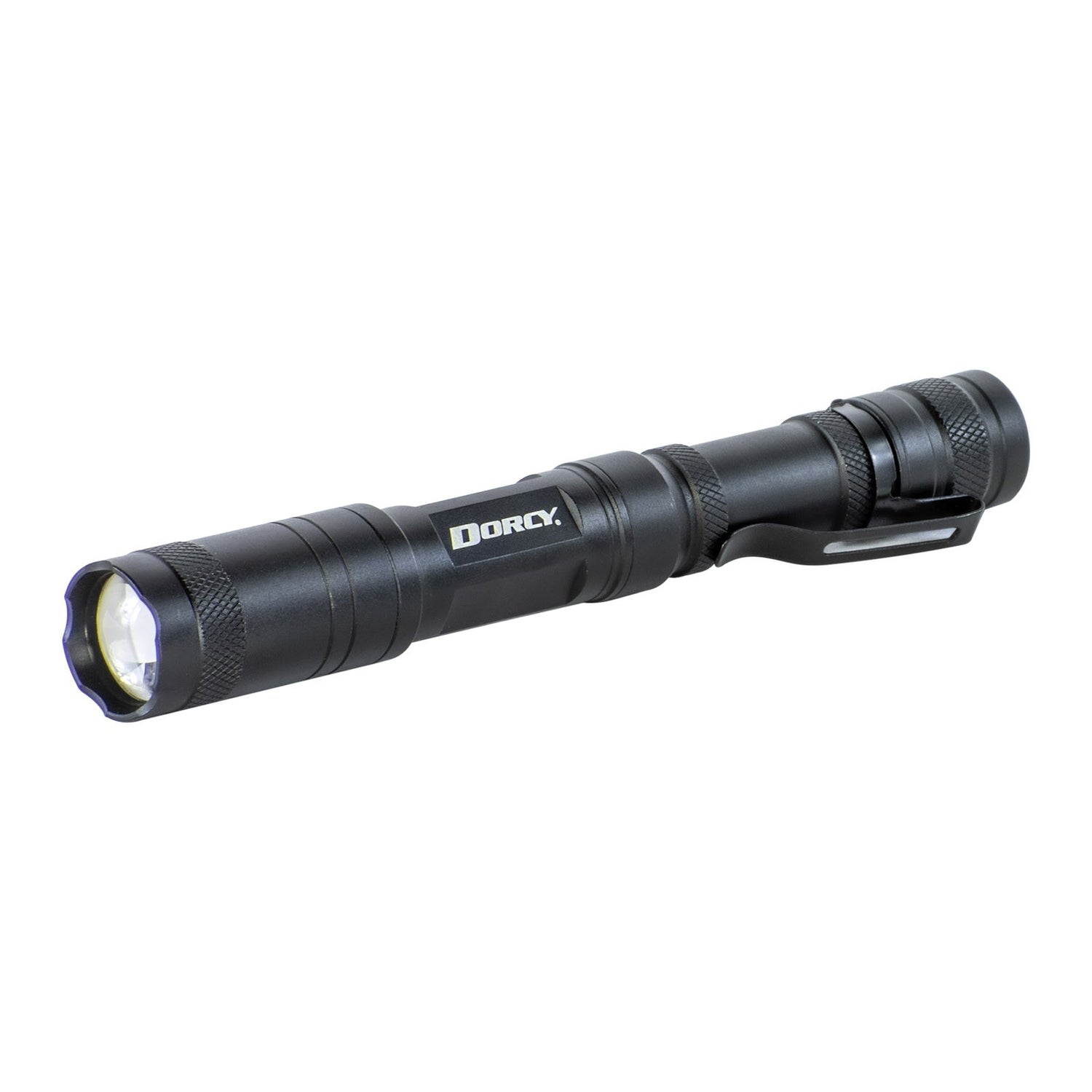 Black Dorcy flashlight with sliding focus, waterproof on/off switch, powered by 2 AA batteries, compact and durable design