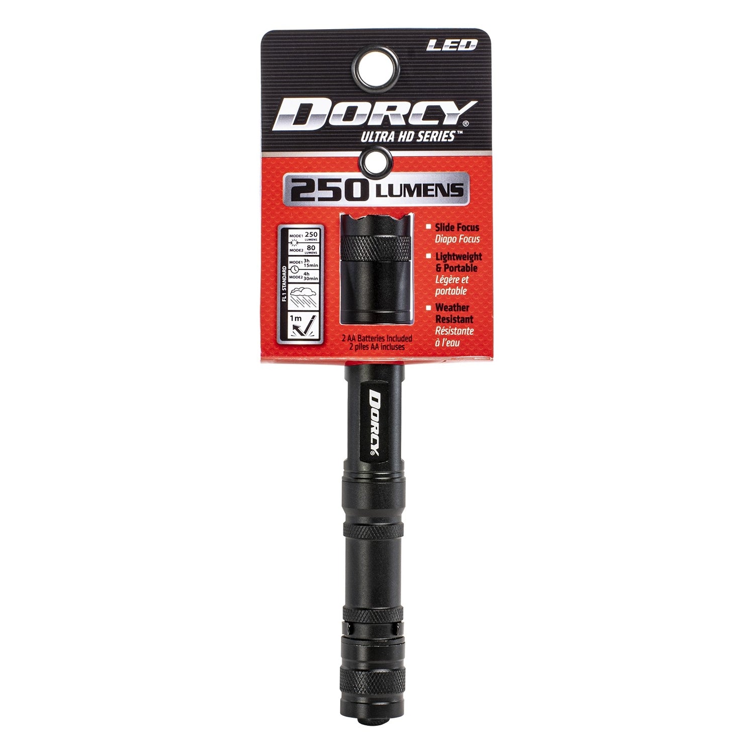 Dorcy 250 lumens black LED flashlight with slide focus, lightweight design, weather-resistant, uses 2 AA batteries included