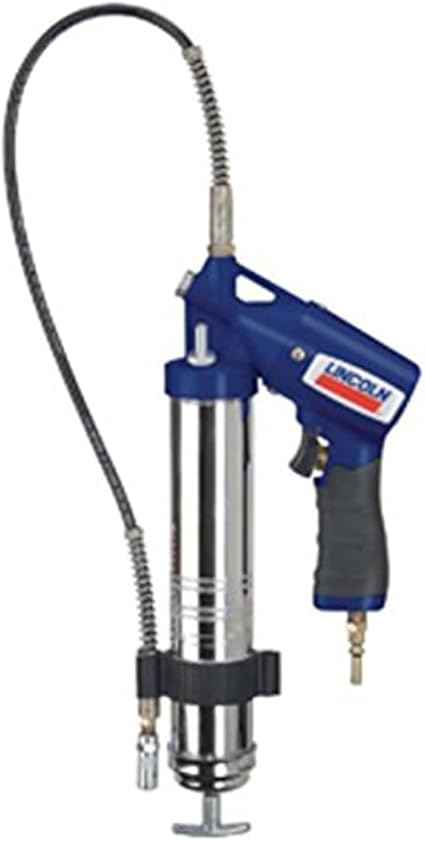 Pneumatic Lincoln grease gun with flexible hose, automatic continuous operation, and pressure up to 6000 psi for heavy-duty lubrication tasks