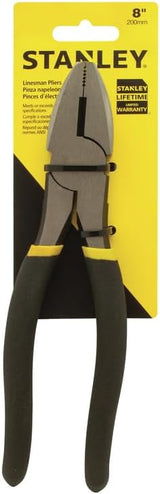 8" Stanley linesman pliers with hardened cutting edges, serrated jaws for gripping, and ergonomic black handle grips