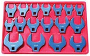 17-piece metric crowfoot wrench set in polished forged alloy steel neatly organized in a red display tray