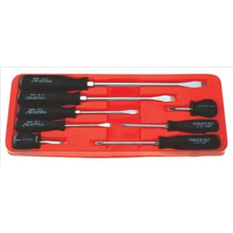 8-piece screwdriver set with black ergonomic handles including flathead and Phillips tips in red storage tray