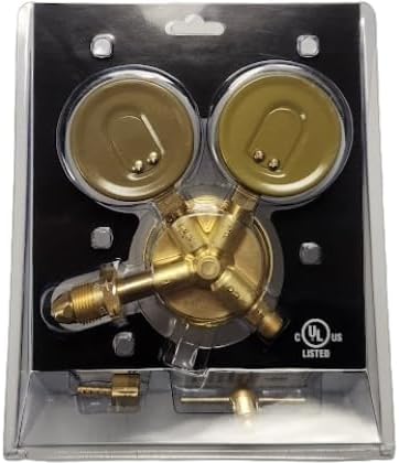 Brass acetylene regulator with dual pressure gauges, CGA-510 inlet fitting, and pressure adjustment control in clear packaging