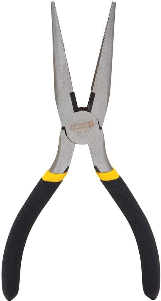 6-inch long nose pliers with hardened jaws, forged steel construction, rust-resistant finish, and black yellow handles