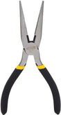 6-inch long nose pliers with hardened jaws, forged steel construction, rust-resistant finish, and black yellow handles