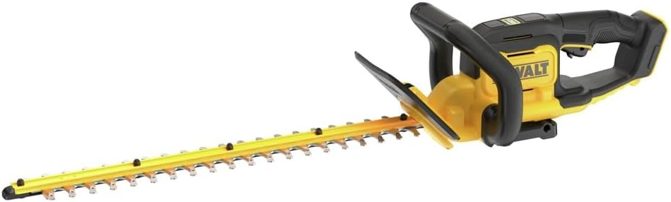 20V DEWALT 22-inch cordless hedge trimmer with ergonomic handle and dual-action blades for cutting branches up to 19mm thick