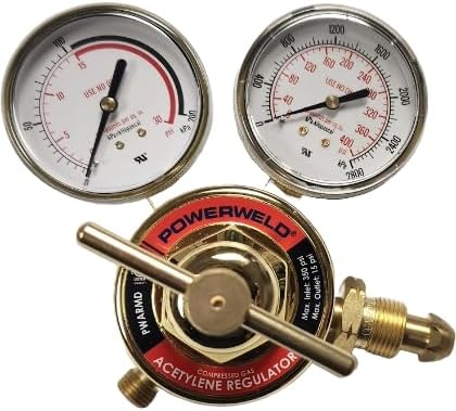 Acetylene regulator with dual pressure gauges, brass body, CGA-510 inlet fitting, and adjustable output pressure control knob