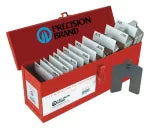 3" x 3" stainless steel shim stock kit with corrosion-resistant steel plates in red storage box for precise machine leveling