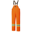 High-visibility orange rain pants with reflective bands, flame retardant polyurethane material, adjustable black suspenders