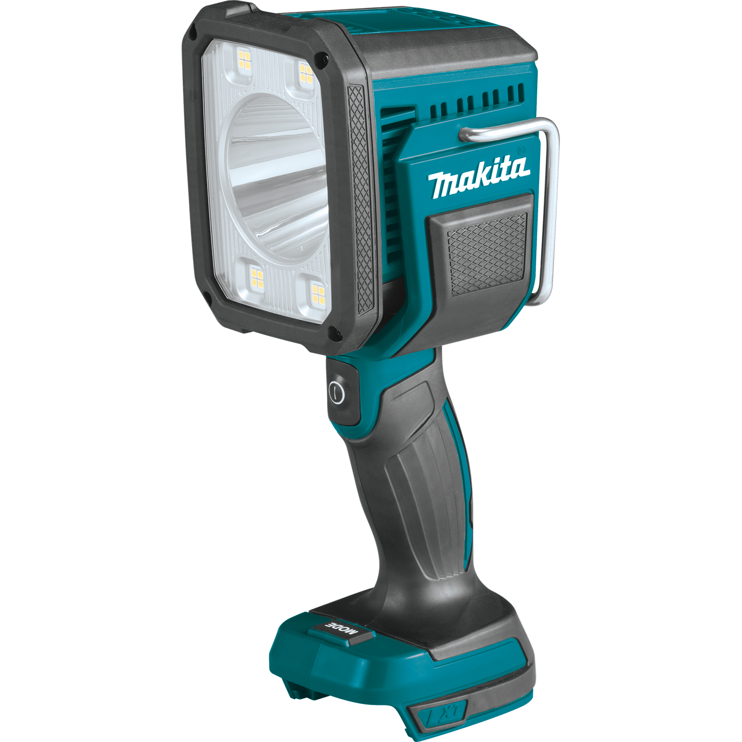 Compact Makita 18V LED work lamp with four lighting modes, ergonomic handle, and protective metal frame